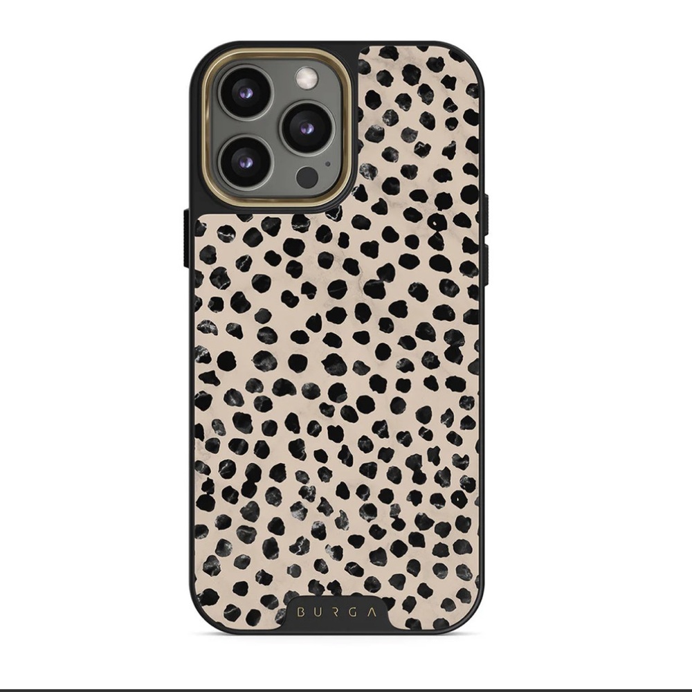 Burga iPhone 14 Pro Case - Almond Latte (Black and Cream Dotted Design) NIB
